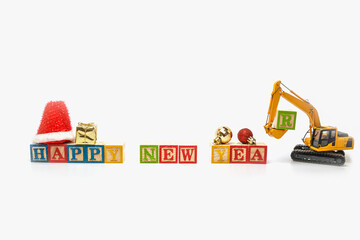 Happy new year concept Holiday celebration with Crawler excavator used bucket lift install the...