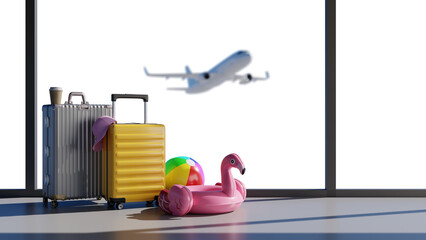Colorful Suitcases at Airport and Travel Concept Travel Alpha Channel Vacation concept airplane passing behind