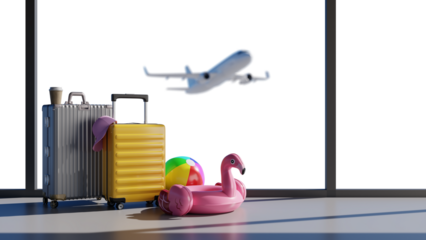 Colorful Suitcases at Airport and Travel Concept Travel Alpha Channel Vacation concept airplane passing behind