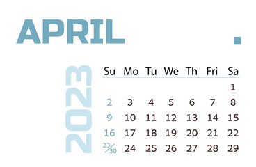 Calendar for the month of april 2023. blue Horizontal calendar