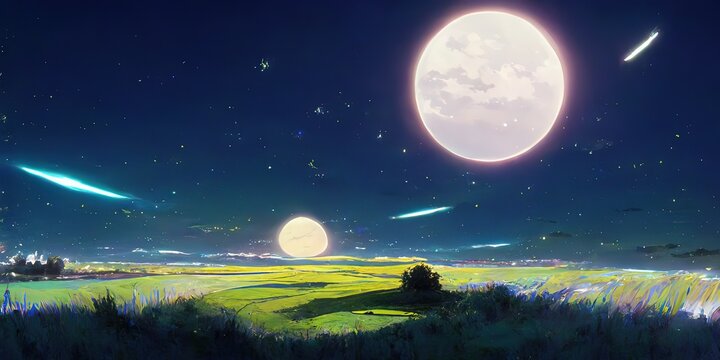grassland moon night watercolor landscape background