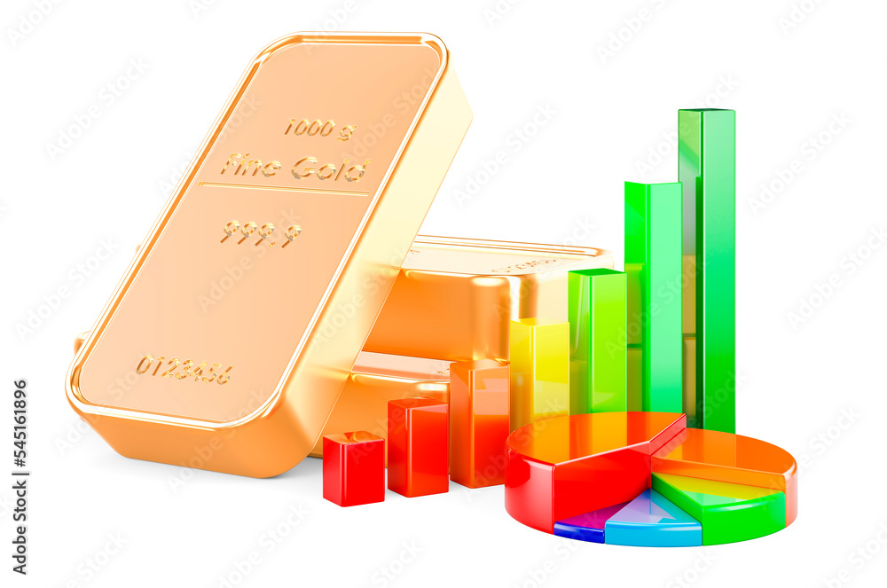 Poster gold ingots with growth bar graph and pie chart, 3d rendering