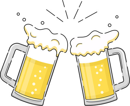 Vector illustration: Toasting/Cheering beer glasses patch with foam.	