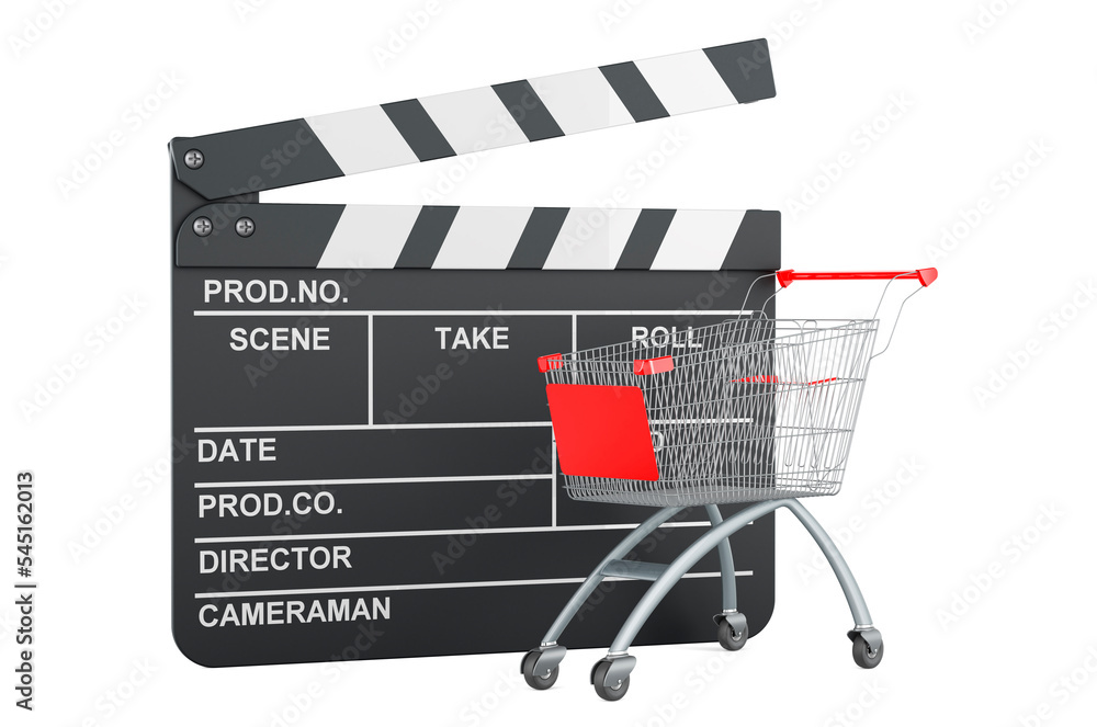 Poster shopping cart with movie clapper. 3d rendering
