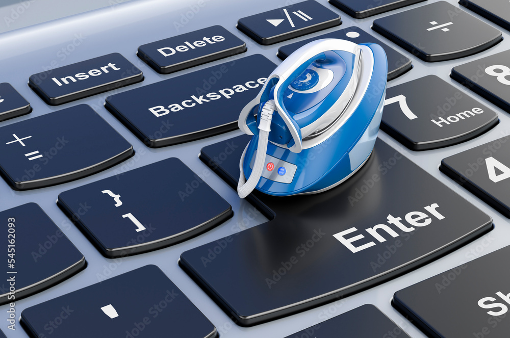 Poster steam generator iron on computer keyboard, 3d rendering