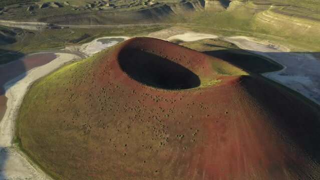 Aerial view of Meke crater lake in Turkey. A dormant volcano landscape 