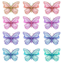 Watercolor illustration of hand painted set of colorful butterflies with spread wings. Monarch butterfly. Flying insect moth. Isolated clip art for fabric textile, wallpaper, postcards, stickers