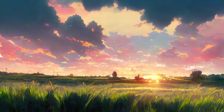 grassland sunset watercolor landscape background