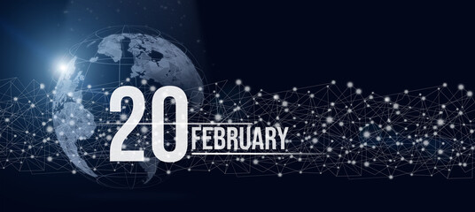 Obraz na płótnie Canvas February 20th. Day 20 of month, Calendar date. Calendar day hologram of the planet earth in blue gradient style. Global futuristic communication network. Winter month, day of the year concept.
