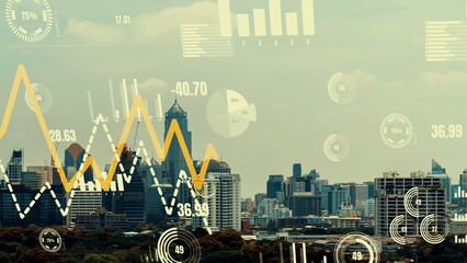 Business data analytic interface fly over smart city showing alteration future of business intelligence. Computer software and artificial intelligence are used to analyze big data for strategic plan .