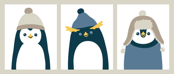 Vector illustration portraits of cute penguins in hats