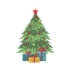 vector isolated illustration of christmas tree decorated with lanterns and christmas balls with gift boxes in cartoon style. decorative element for postcard, sticker or icon