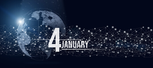 January 4th. Day 4 of month, Calendar date. Calendar day hologram of the planet earth in blue gradient style. Global futuristic communication network. Winter month, day of the year concept.