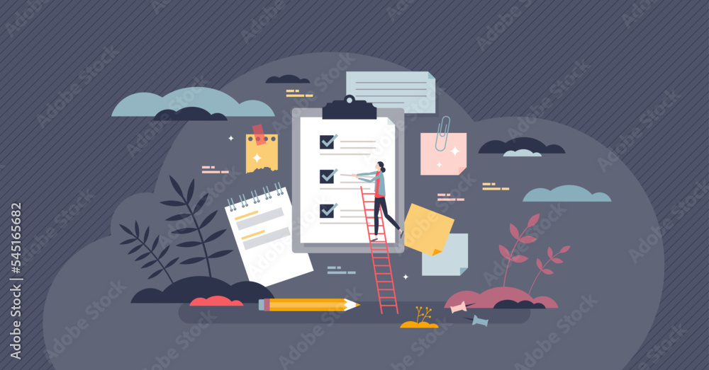 Poster notebook checklist and paper list with work tasks plan tiny person concept. effective job time manag