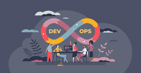 DevOps or Dev ops as software development practice tiny person concept. Application coding or programming work framework with continuous process life cycle vector illustration. App project control.