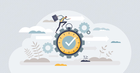 Efficiency with precise and effective time management tiny person concept. Work optimization with productive task deadlines schedule and fast performance vector illustration. Increase job progress. - obrazy, fototapety, plakaty