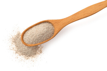 Raw rye flour in the wooden spoon, isolated on white background, top view