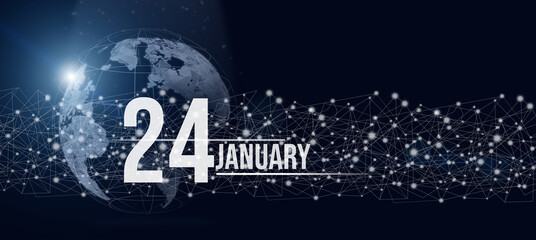 January 24th. Day 24 of month, Calendar date. Calendar day hologram of the planet earth in blue gradient style. Global futuristic communication network. Winter month, day of the year concept.