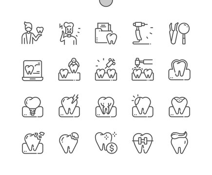 Dentistry. Broken tooth. Health care, medical and medicine. Toothache. Pixel Perfect Vector Thin Line Icons. Simple Minimal Pictogram