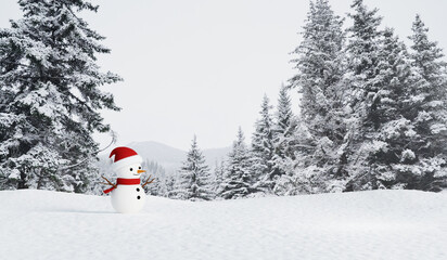 3D rendering cute snowman wearing Santa hat on snow covered ground with winter pine tree forest background.