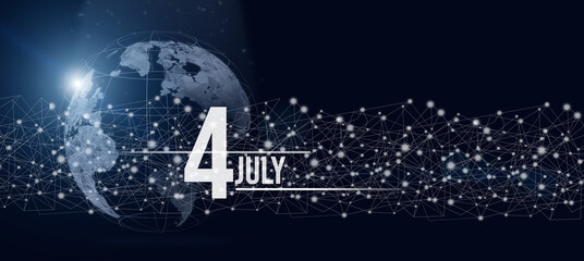 July 4th. Day 4 of month, Calendar date. Calendar day hologram of the planet earth in blue gradient style. Global futuristic communication network. Summer month, day of the year concept.