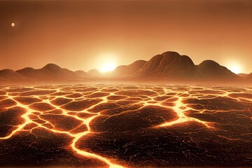Surface of Venus. Hot lava flows on Venus - obrazy, fototapety, plakaty