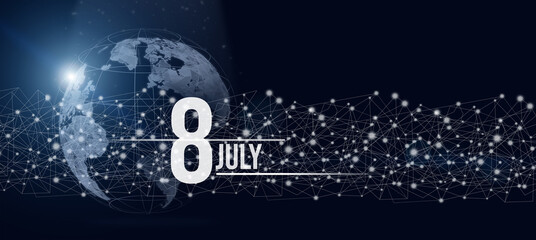 July 8th. Day 8 of month, Calendar date. Calendar day hologram of the planet earth in blue gradient style. Global futuristic communication network. Summer month, day of the year concept.