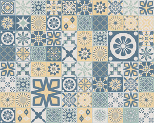 Pastel pattern in Spanish Azulejo style, white blue yellow ceramic tile square vintage vector illustration