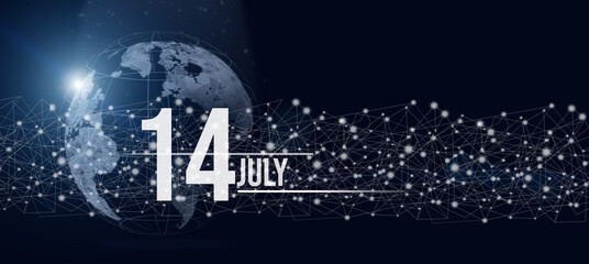 July 14th. Day 14 of month, Calendar date. Calendar day hologram of the planet earth in blue gradient style. Global futuristic communication network. Summer month, day of the year concept.