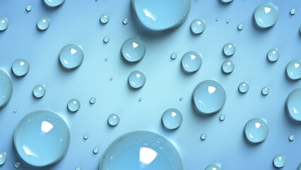 Drops of condensation on a blue surface. Full frame.