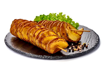 Street food. A spiral fried potatoes, isolated on white background.