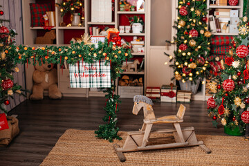 Christmas tree decorations. Christmas and New Year concept. Creative festive holiday layout