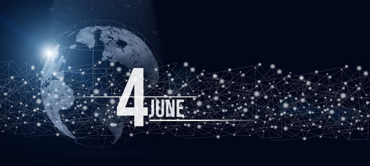 June 4th. Day 4 of month, Calendar date. Calendar day hologram of the planet earth in blue gradient style. Global futuristic communication network. Summer month, day of the year concept.