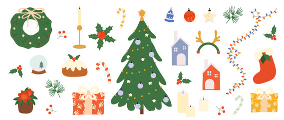  Winter set. Vector isolated elements on a white background, handmade: Christmas tree, gift boxes, garlands, gingerbread, sweets, Christmas decorations. Winter items for cozy winter time