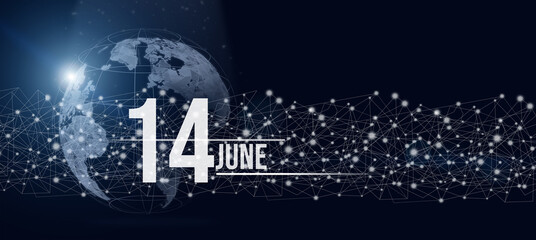 June 14th. Day 14 of month, Calendar date. Calendar day hologram of the planet earth in blue gradient style. Global futuristic communication network. Summer month, day of the year concept.