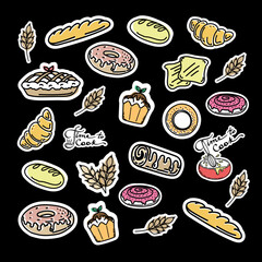 A collection of bakery and pastry stickers, hand-drawn sketch-style doodle elements. Different kinds of bread, croissant, baguette, scones, muffin, muffin. Wheat. Vector cute illustrations on black.