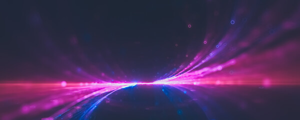 Futuristic blue purple fluorescent energy flow particles spread out