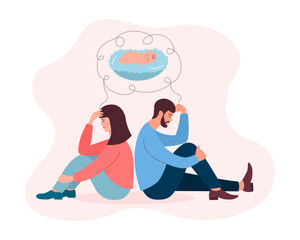 Infertile couple dreams about baby. Man and woman sitting back to back and suffer from reproductive problems. Fertility problem, pregnancy problems, IVF, infertility, gynecological disease, family