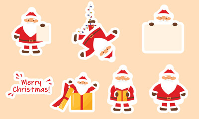 Set of cute cartoon Santa Claus with box, paper, decoration. Vector illustration.