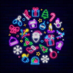 Obraz premium Christmas neon circle layout with holiday icons. Label on brick wall. Santa Claus, present. Vector stock illustration