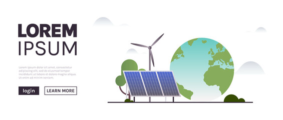 Sustainability and esg, green, energy, sustainable industry with windmills and solar energy panels, environmental, social, corporate governance concept flat illustration.	