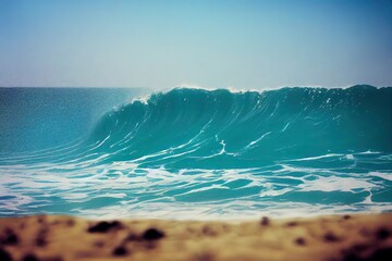 Nice wave close to beach on a beautiful sunny day shot from the beach, generative ai