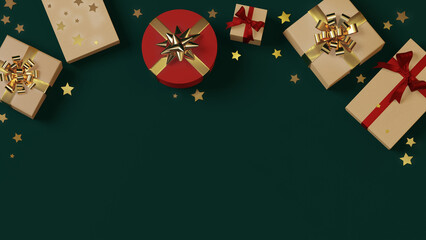 Realistic 3D kraft paper and red gift boxes with bow and gold confetti. Closed gift box. Decorative holiday object. New Year and Christmas design. Green background.