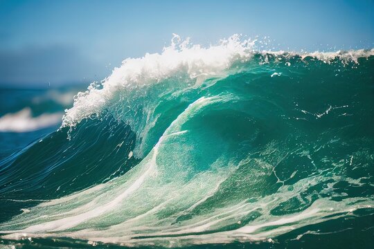 surf is up on a beautiful sunny dazy a nice wave is breaking, the ocean is clear, generative ai