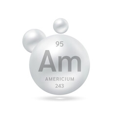 Americium molecule models silver and chemical formulas scientific element. Natural gas. Ecology and biochemistry concept. Isolated spheres on white background. 3D Vector Illustration.