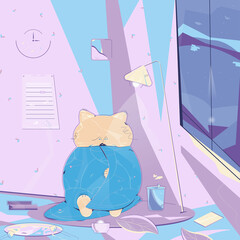 Cat at home on an autumn cloudy day, wrapped itself up a blue plaid. The background is a room with such things are palette, cup, lighting candle, notebook, books, calendar, wall photo, lamp.