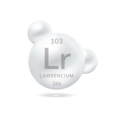Lawrencium molecule models silver and chemical formulas scientific element. Natural gas. Ecology and biochemistry concept. Isolated spheres on white background. 3D Vector Illustration.