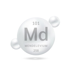Mendelevium molecule models silver and chemical formulas scientific element. Natural gas. Ecology and biochemistry concept. Isolated spheres on white background. 3D Vector Illustration.