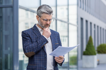 Mature gray haired businessman thinking and reading financial document report, senior man in...