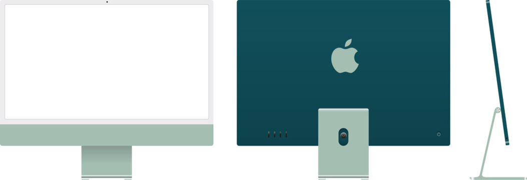 Realistic mockups of the new iMac 24 with transparent screen, green color on transparent background. Apple iMac set. Front, back and side views. PNG image